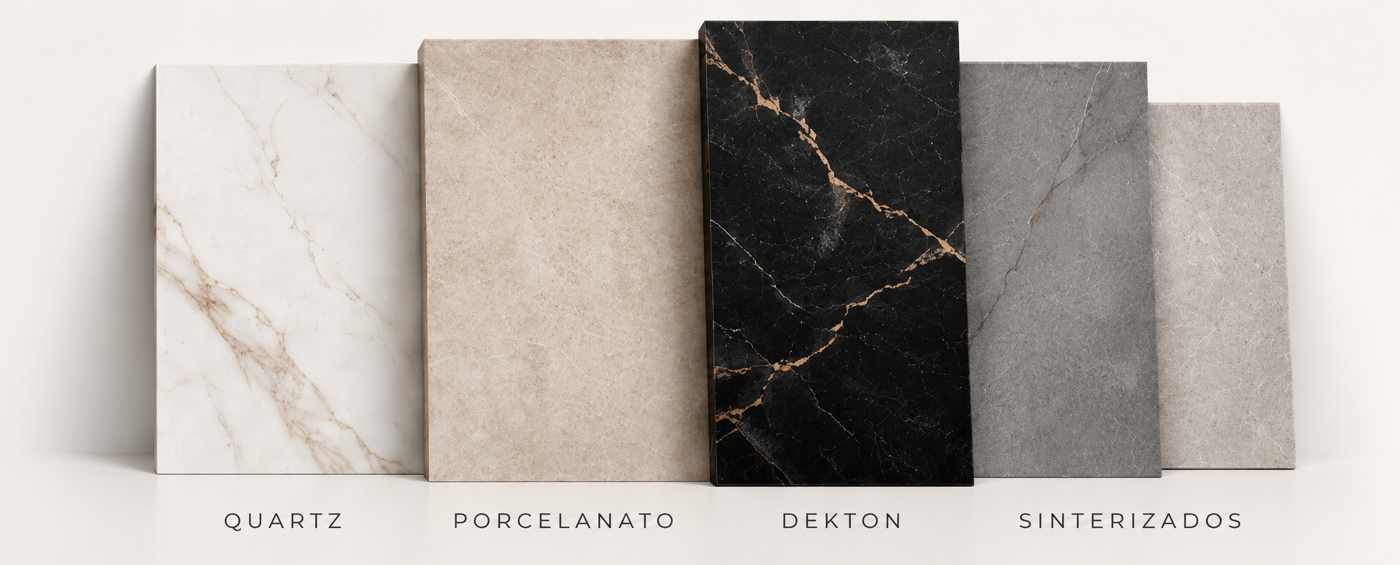 Placas de quartzo, porcelanato, Dekton e sinterizado lado a lado