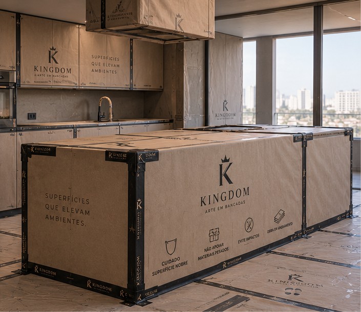 Ilha de cozinha instalada e totalmente embalada com chapas e cantoneiras identificadas com a marca Kingdom